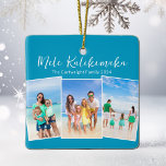 Blue Mele Kalikimaka Beach Trip Photo Christmas Ceramic Ornament<br><div class="desc">Chic customizable beach family photo collage Christmas ornament with your favorite tropical photo in the sun. Add 3 vertical photographs of your favorite trip from your island vacation to the coast. A beautiful coastal holiday ornament gift with pretty blue script above the three pictures.</div>