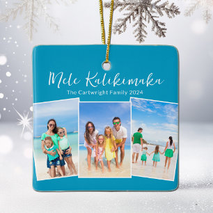 Blue Mele Kalikimaka Beach Trip Photo Christmas Ceramic Ornament