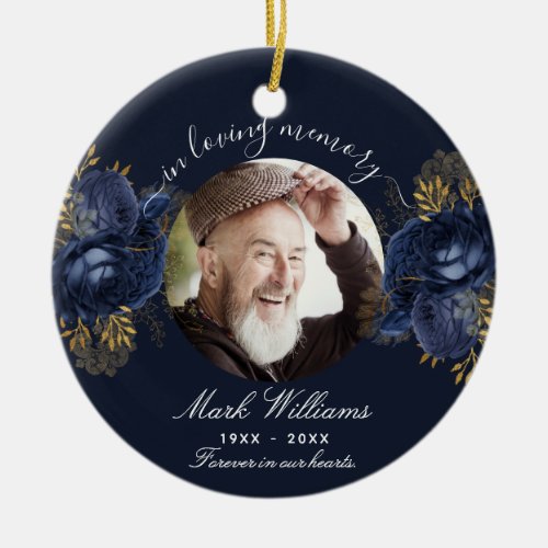 Blue memorial photo flowers  ceramic ornament