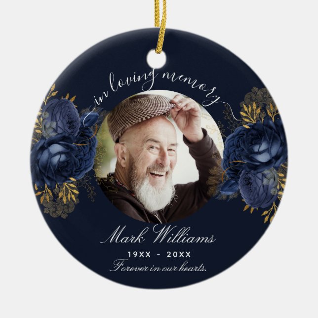Blue memorial photo flowers  ceramic ornament (Front)