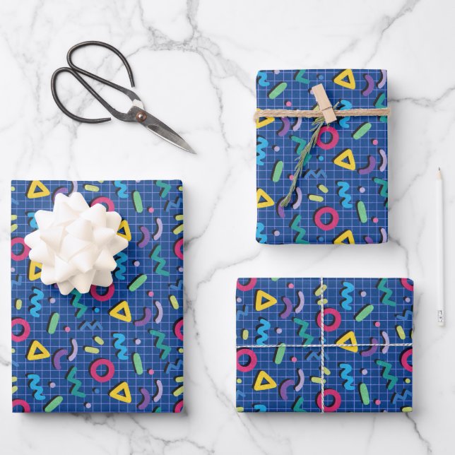 Blue Memphis Pattern Wrapping Paper Sheets (Front)