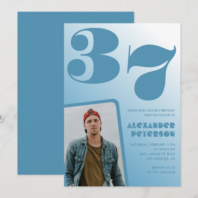 Blue Men Photo gradient 37th birthday invitations  (Front/Back)