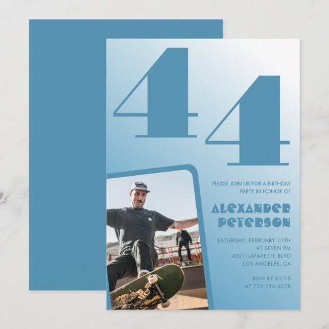 Blue Men Photo gradient 44th birthday invitations  (Front/Back)