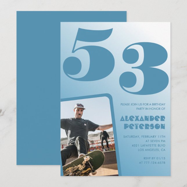 Blue Men Photo gradient 53rd birthday invitations  (Front/Back)