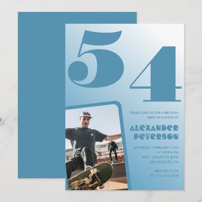 Blue Men Photo gradient 54th birthday invitations  (Front/Back)