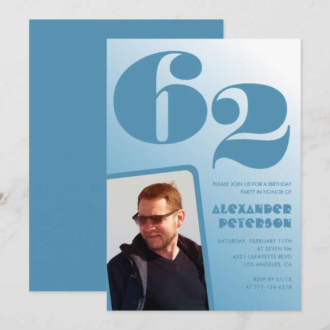 Blue Men Photo gradient 62nd birthday invitations  (Front/Back)