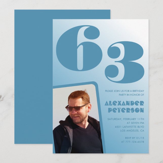 Blue Men Photo gradient 63rd birthday invitations  (Front/Back)