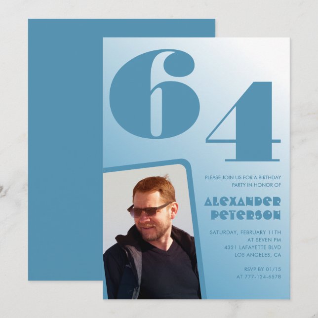 Blue Men Photo gradient 64th birthday invitations  (Front/Back)
