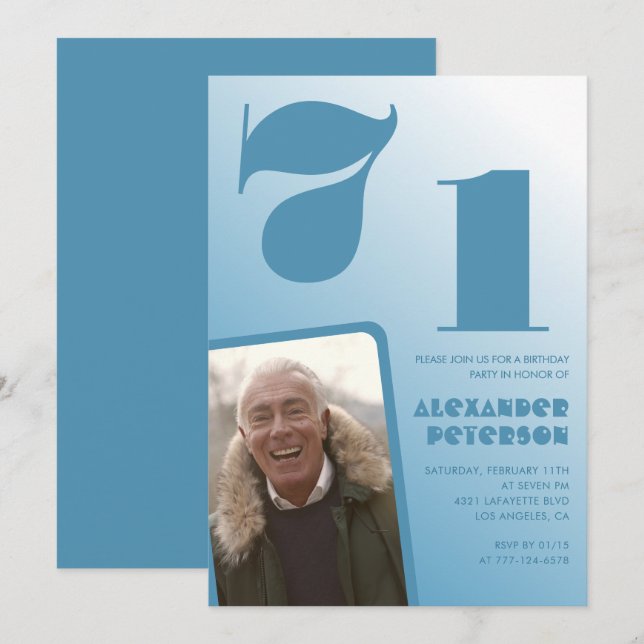 Blue Men Photo gradient 71st birthday invitations  (Front/Back)