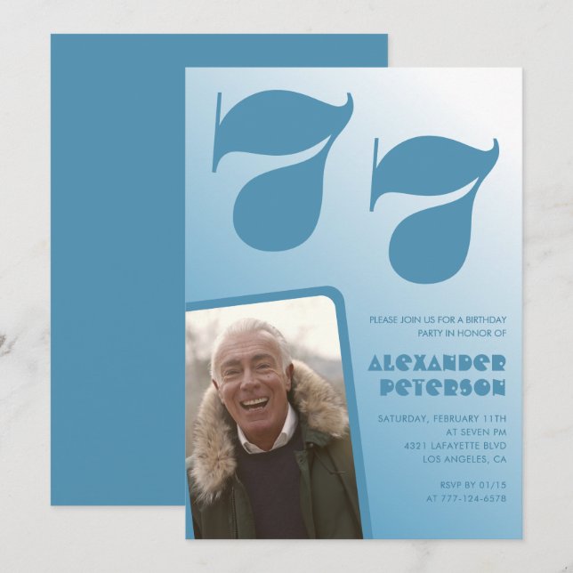 Blue Men Photo gradient 77th birthday invitations  (Front/Back)