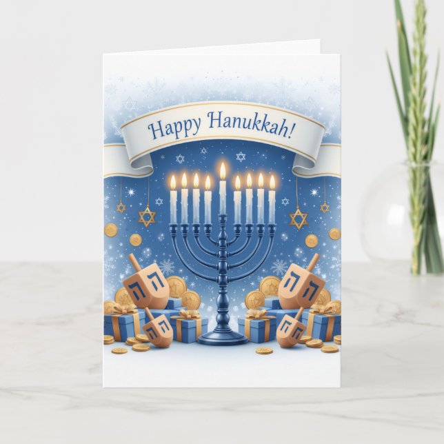 Blue Menorah Blessings – Happy Hanukkah Greeting Card (Front)