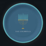 Blue Menorah Hanukkah Celebration Personalized  Paper Plates<br><div class="desc">Celebrate Hanukkah in style with this modern blue plate featuring a minimalist gold menorah design. Elegant yet simple,  it adds a sophisticated touch to your holiday table or festive gatherings. Personalize with your family name for a meaningful addition to your Hanukkah celebration.</div>