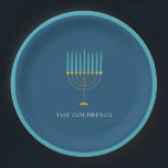 Blue Menorah Hanukkah Celebration Personalized  Paper Plates<br><div class="desc">Celebrate Hanukkah in style with this modern blue plate featuring a minimalist gold menorah design. Elegant yet simple,  it adds a sophisticated touch to your holiday table or festive gatherings. Personalize with your family name for a meaningful addition to your Hanukkah celebration.</div>
