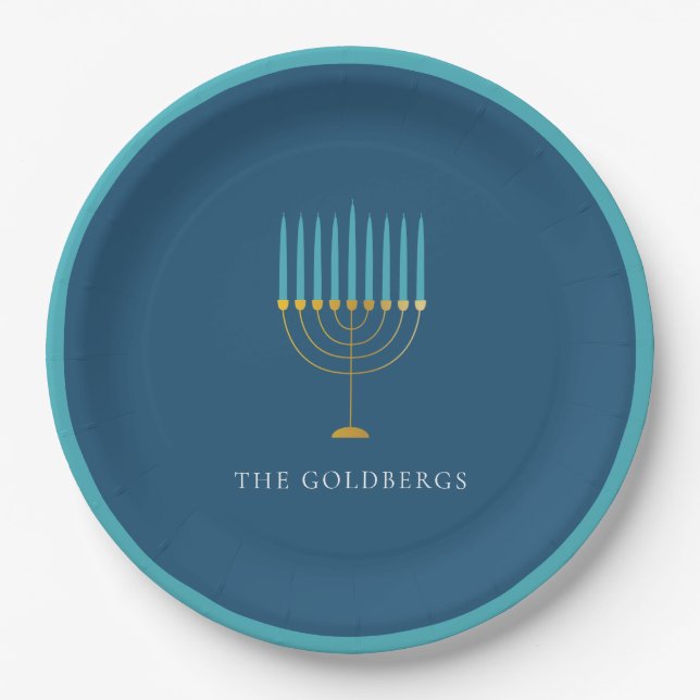 Blue Menorah Hanukkah Celebration Personalized  Paper Plates (Front)