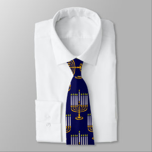 blue menorah hanukkah jewish print neck tie