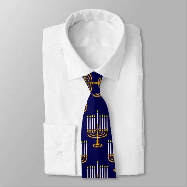 blue menorah hanukkah jewish print neck tie (Tied)