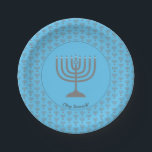 Blue Menorah HANUKKAH Paper Plates<br><div class="desc">Elegant Sky Blue Menorah HANUKKAH Paper Plates, showing faux silver gray menorah in a tiled pattern. At the center, there is an image of a large menorah which is CUSTOMIZABLE, so you can upload your own image. Underneath, the text reads CHAG SAMEACH. This is also customizable so you can add...</div>