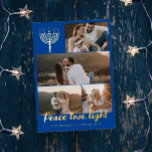 Blue Menorah Peace Love Light Photo Collage Gold Foil Holiday Card<br><div class="desc">Gold foil happy holidays card with a hanukkah menorah,  a photo collage of four photos,  peace love light in gold foil,  and your family name in gold foil too.</div>