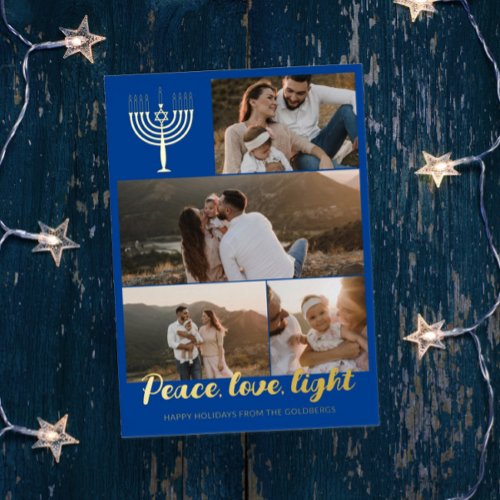 Blue Menorah Peace Love Light Photo Collage Gold Foil Holiday Card