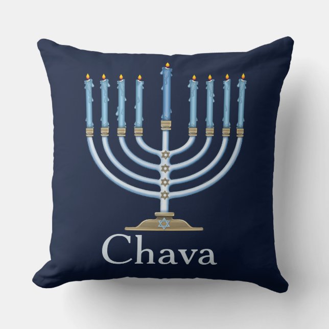 Blue Menorah Personalized Decorative Throw Pillow (Front)