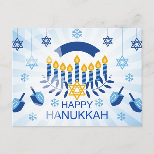 Blue Menorah with Gold Star of David Postcard