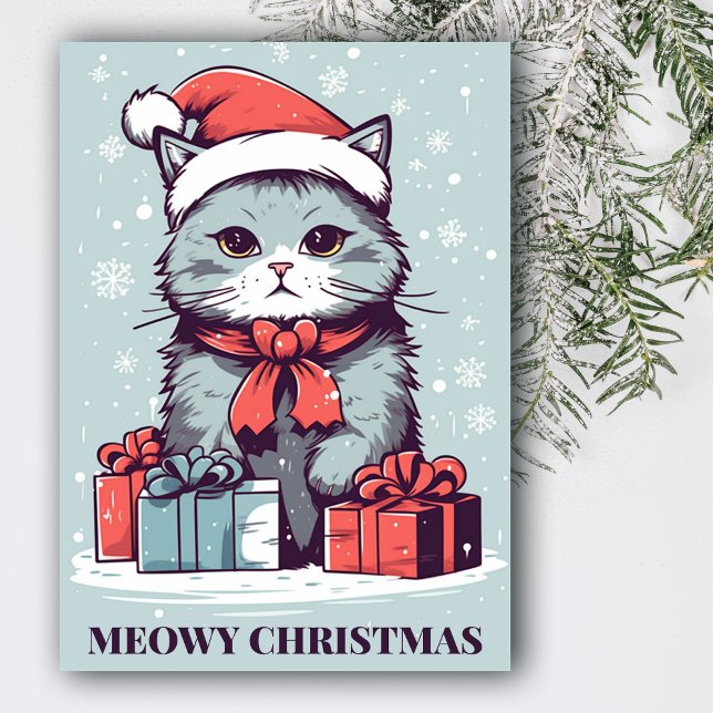 Blue Meowy Christmas Cute Cat In a Santa Hat Holiday Card (Creator Uploaded)