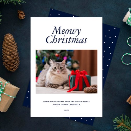 Blue Meowy Christmas Personalized Photo Holiday Card