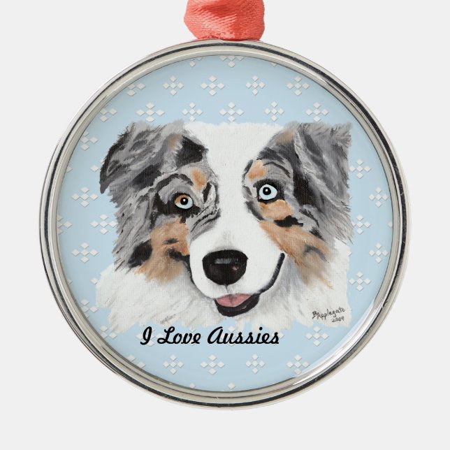 Blue Merle Aussie Blue w/white Diamonds Metal Ornament (Front)