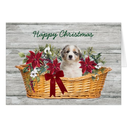 Blue Merle Aussie Puppy in Basket Christmas Card