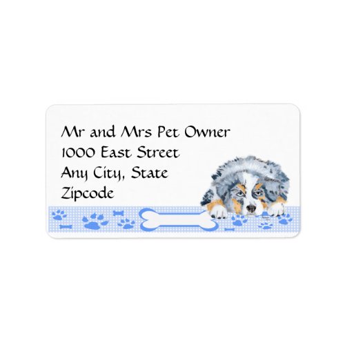 Blue Merle Aussie Puppy on Blue Gingham Label