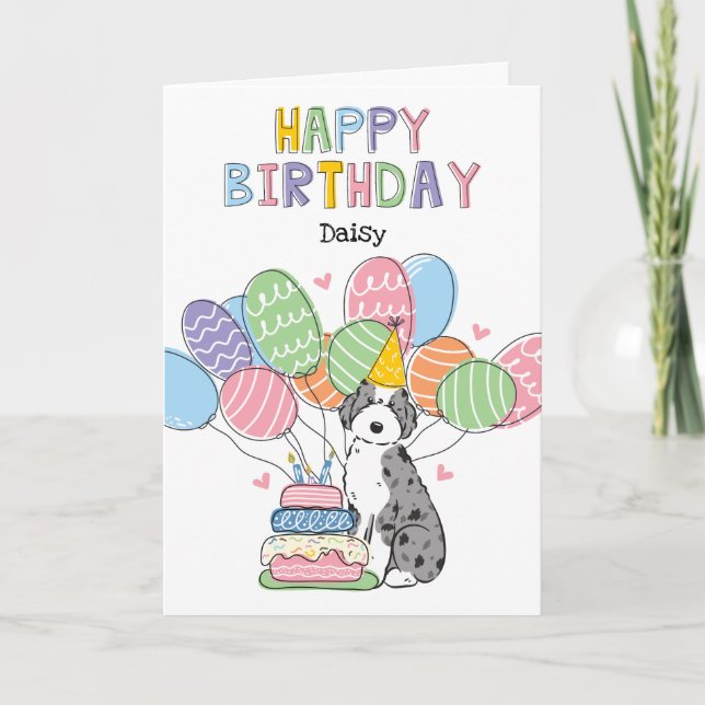 Blue Merle Aussiedoodle Dog Happy Birthday Card (Front)