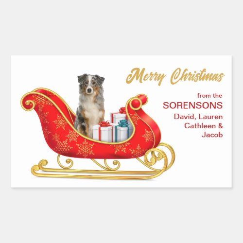 Blue Merle Australian Shepherd Christmas Sleigh Rectangular Sticker