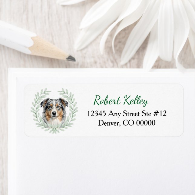 Blue Merle Australian Shepherd Leaf Wreath Label (Insitu)