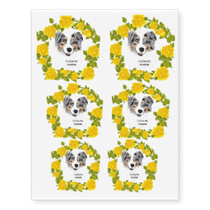 Blue Merle Australian Shepherd & Yellow Roses Temporary Tattoos