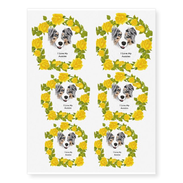 Blue Merle Australian Shepherd & Yellow Roses Temporary Tattoos (Front)