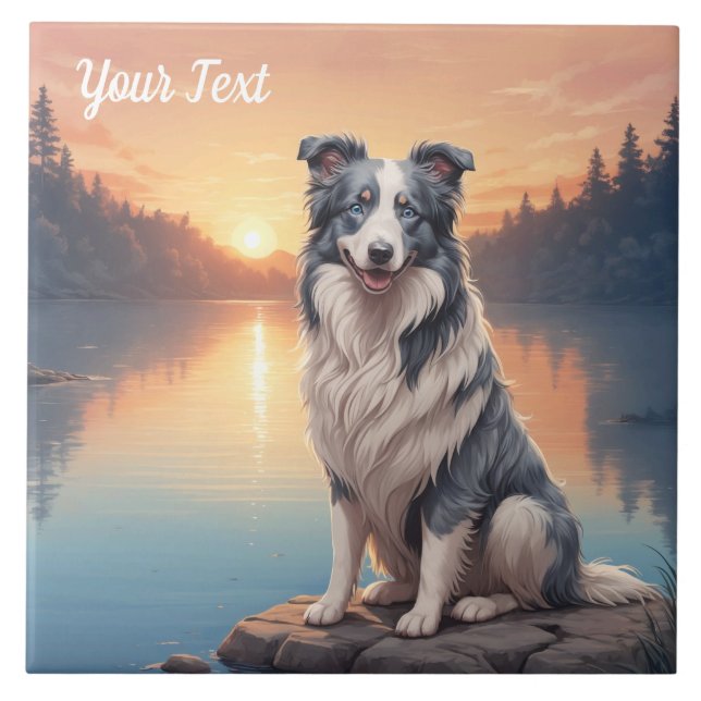 Blue Merle Border Collie by Lake Ceramic Tile (Front)