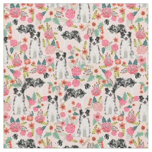 Blue Merle Border Collie vintage pink florals Fabric