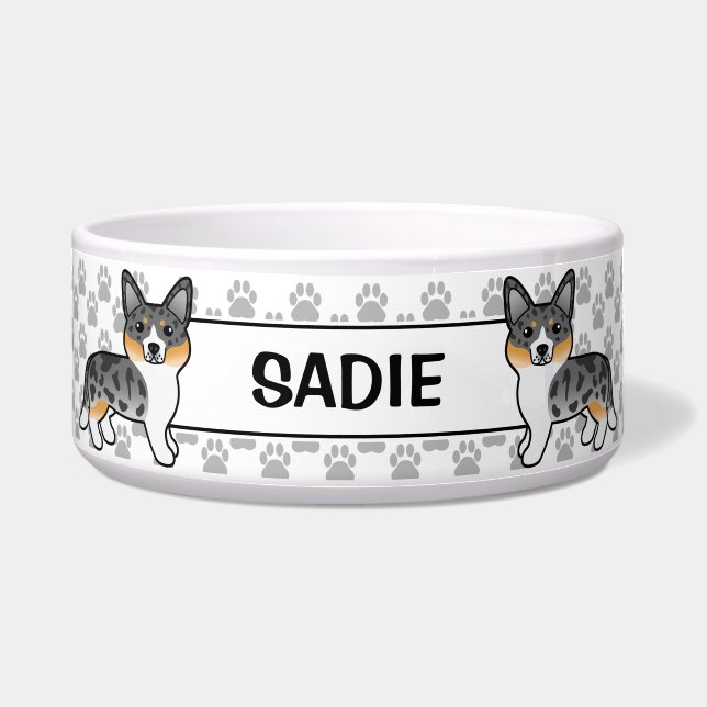Blue Merle Cardigan Welsh Corgi Dog & Name Bowl (Front)