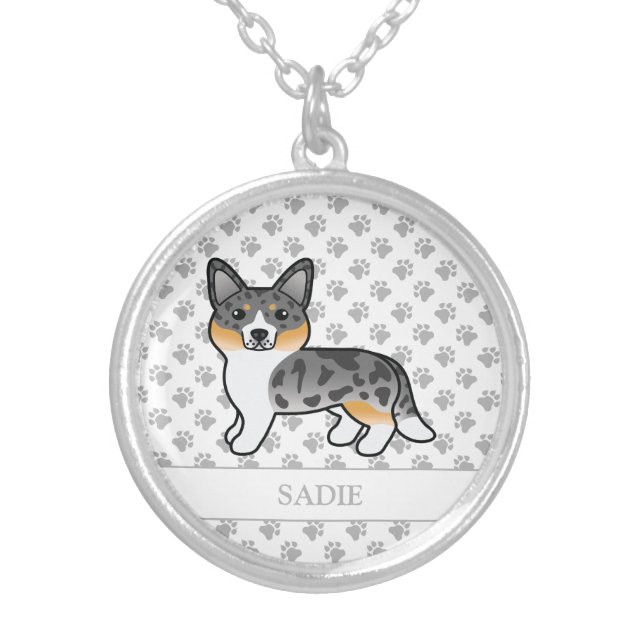 Blue Merle Cardigan Welsh Corgi Dog & Name Silver Plated Necklace (Front)