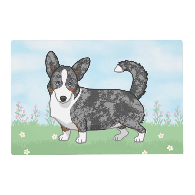 Blue Merle Cardigan Welsh Corgi Flowers Placemat (Front)