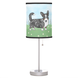 Blue Merle Cardigan Welsh Corgi Flowers Table Lamp