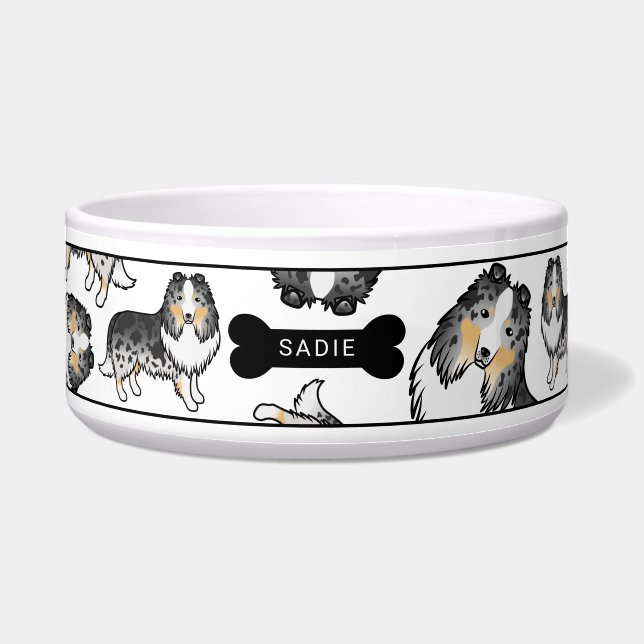Blue Merle Cartoon Sheltie Dogs Pattern & Name Bowl (Front)