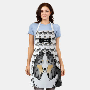 Blue Merle Cartoon Sheltie With Dog Bone & Name Apron