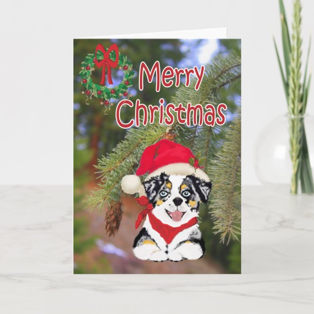 Blue Merle Christmas Aussie Cartoon Puppy Holiday Card (Front)