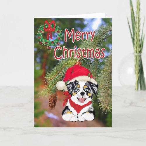 Blue Merle Christmas Aussie Cartoon Puppy Holiday Card