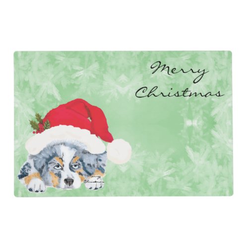 Blue Merle Christmas Puppy in a Santa Hat Placemat