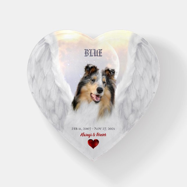 Blue Merle Collie Angel, Sky - Pet Memorial Heart Paperweight (Front)
