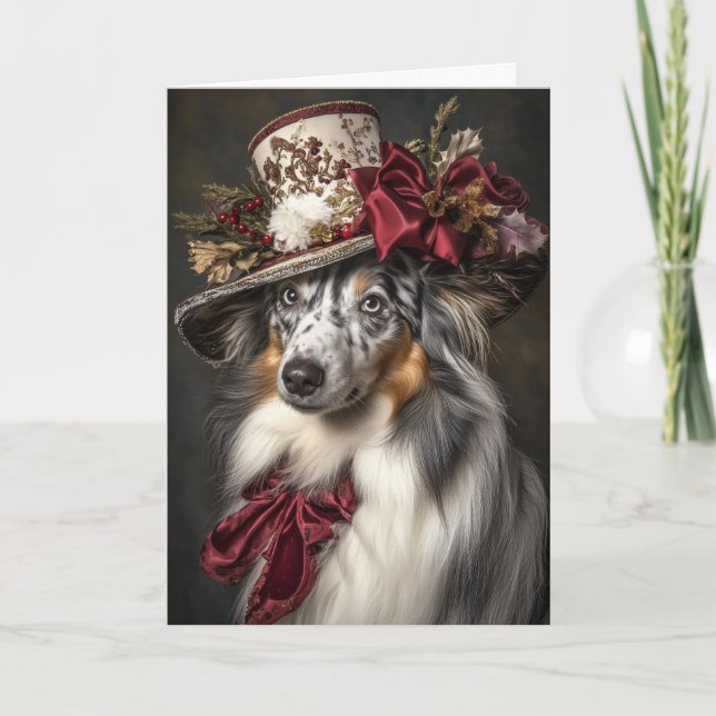 Blue Merle Collie Christmas Elegant Victorian Dog Holiday Card (Front)
