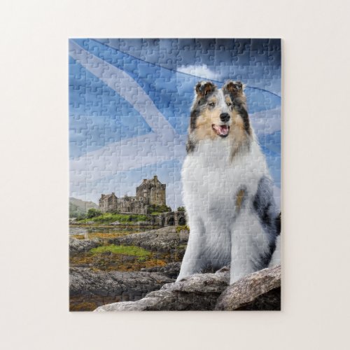 Blue Merle Collie Eilean Donan  Scotland Flag _ Jigsaw Puzzle