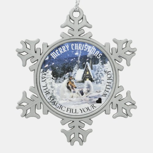 Blue Merle Collie  Lambs in Magic Snowy Night _ Snowflake Pewter Christmas Ornament